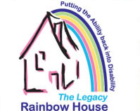 The logo comprises of a childs sketch of a house with a rainbow radiating from its roof down to the ground. The house is drawn in pink lines with a black line overlay. The rainbows colours are cyan, pink, yellow, lime green and violet blue. 'The Legacy Rainbow House' is written underneath' The Legacy Rainbow House - Putting the Ability back in Disability